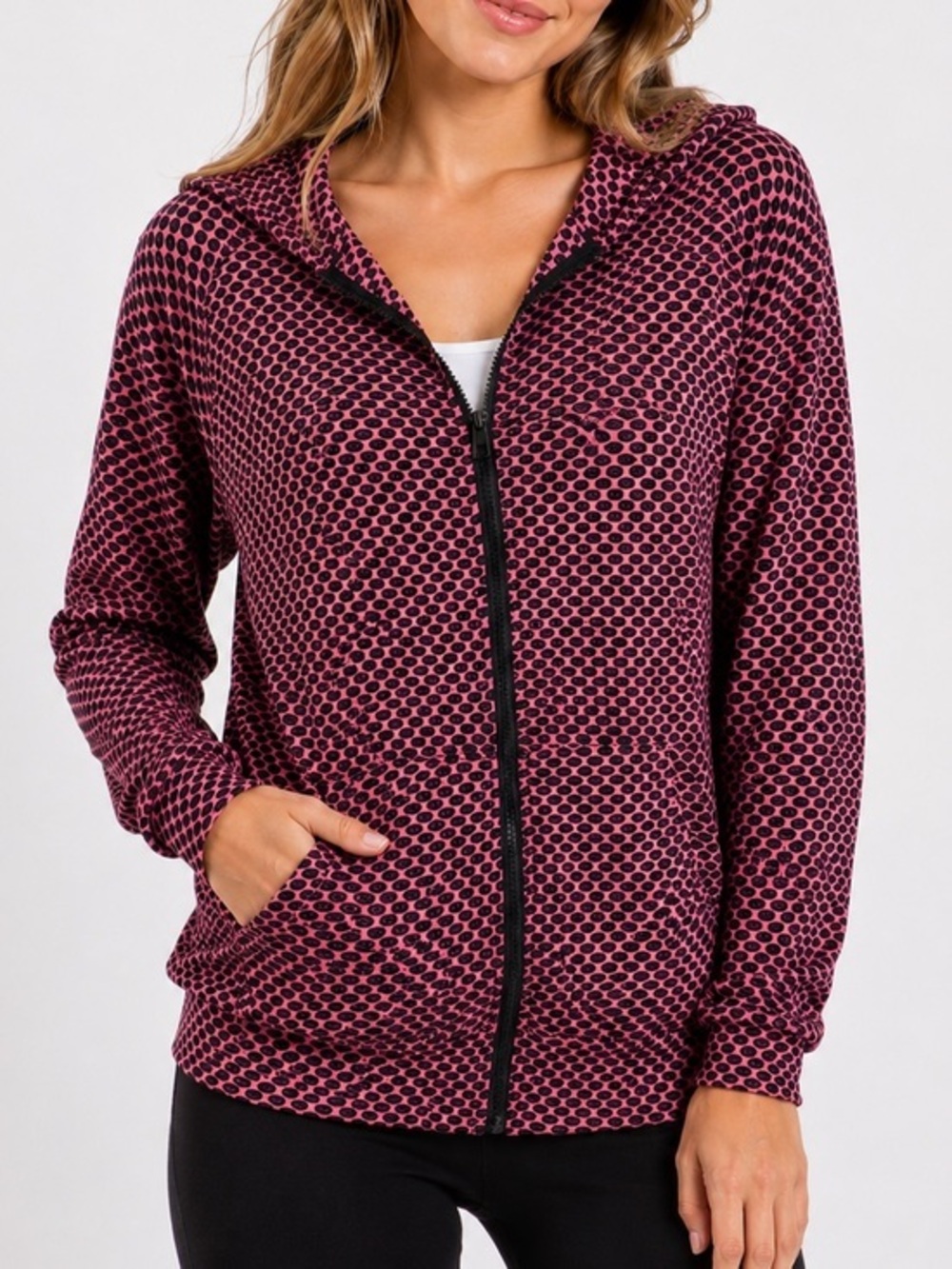 Pink Black Geometric Print Zip Up Hoodie Lightweight Athletic Jacket Women’s L